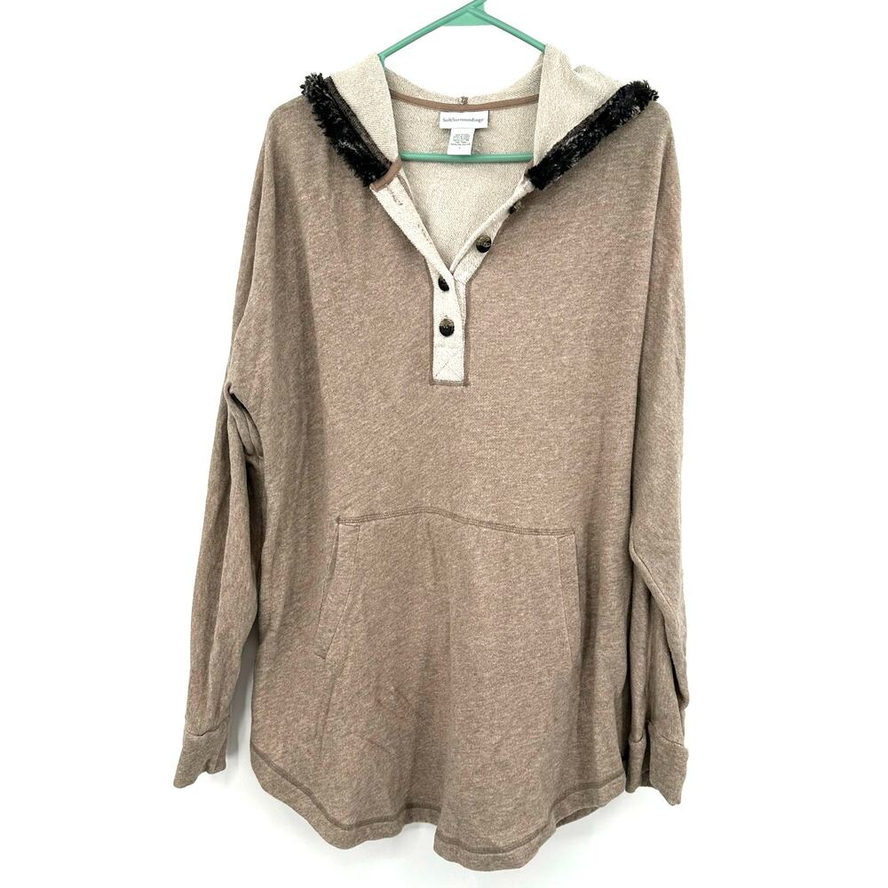 Soft Surroundings Size Medium Long Sleeve Hoodie Tan Fur Trim‎ Sweater Oversized
